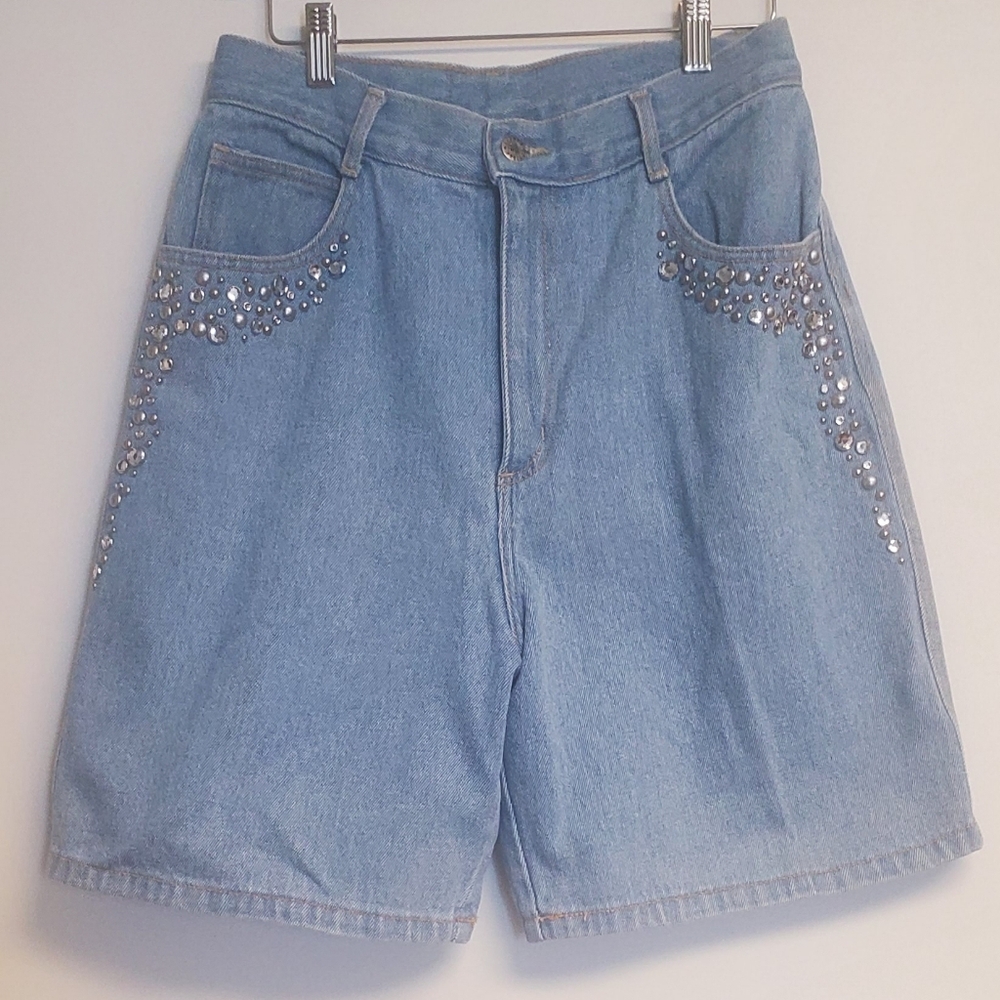 Vintage Monique Jeans High Waist Denim Shorts Studded Faux Jewels Small